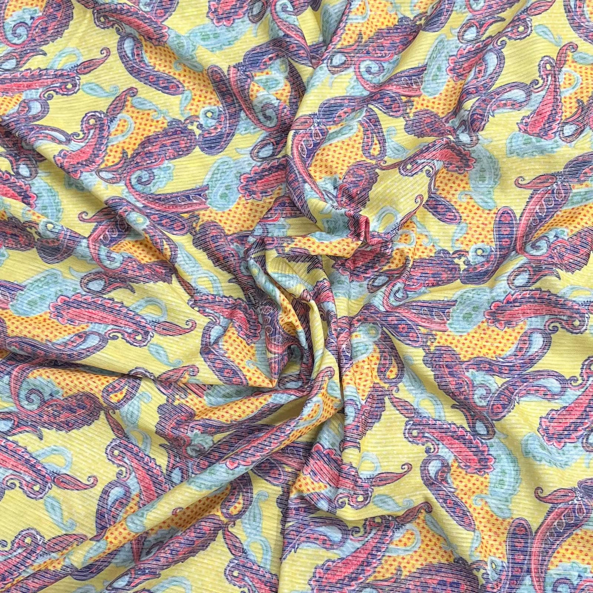 Pound A Metre 3 Metres Luxurious Printed Ribbed Jersey 55” Wide - (Yellow Paisley)