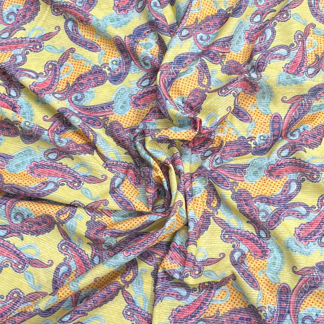 Pound A Metre 3 Metres Luxurious Printed Ribbed Jersey 55” Wide - (Yellow Paisley)