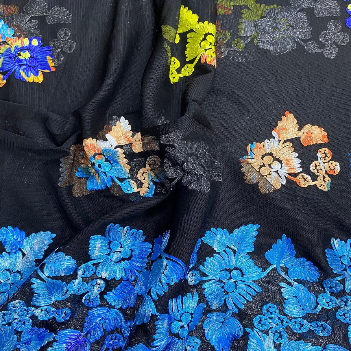 Pound A Metre 3 Metres 3 Metres Luxury Detailed Embroidered Lace Fabric - 55" Wide (Black & Yellow) (EOL)