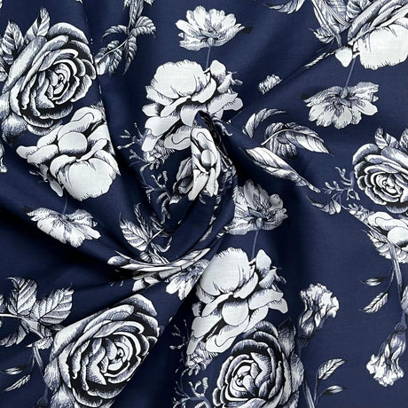 Pound A Metre 3  Metres Luxury Dressmaking 100% Digital Printed Cotton Lawn- 55" (Navy Flowers)