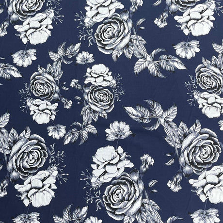 Pound A Metre 3  Metres Luxury Dressmaking 100% Digital Printed Cotton Lawn- 55" (Navy Flowers)