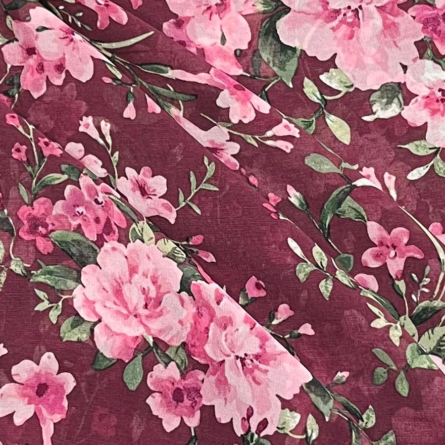 Pound A Metre 3 Metres Luxury Printed Chiffon- 55" Wide- (Maroon Flower)