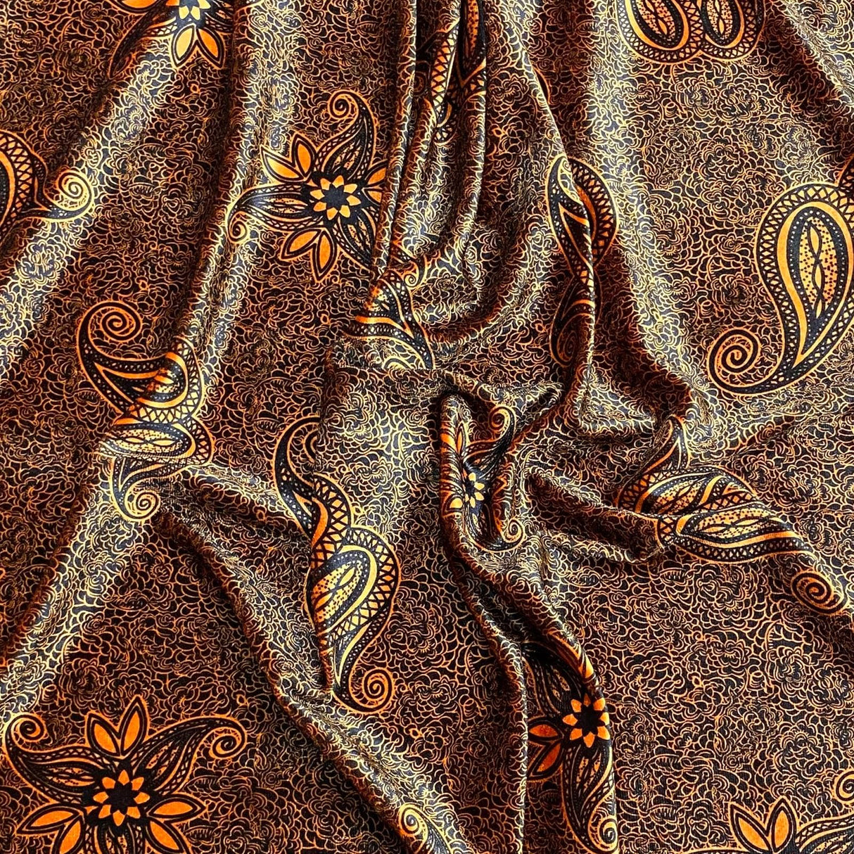 Pound A Metre 3 Metres 3 Metres Premium Printed Spandex Velvet 55" Wide (Orange Paisley)