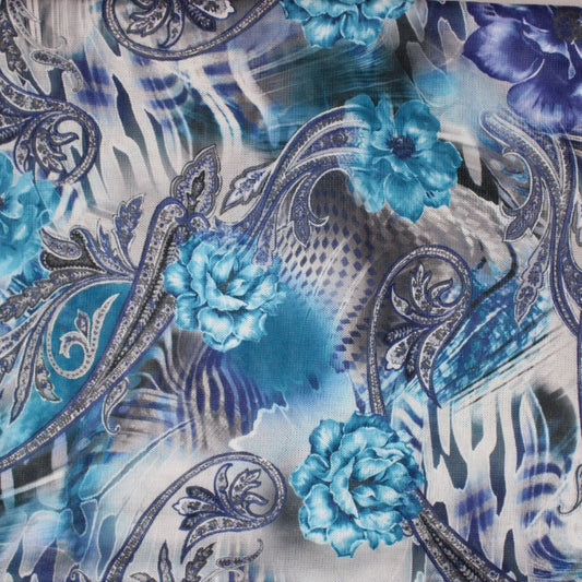 3 Metres Printed Knit Terry- 55" Wide (Blue Paisley) - Pound A Metre