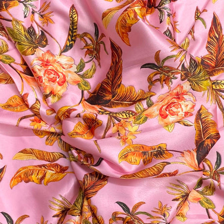 Pound A Metre 3 Metres Silky-Smooth Italian Printed Satin- 45" Wide (Pink Leafs)
