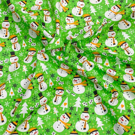 Pound A Metre 3 Metres 3 Metres Super Soft Christmas Print Poplin Cotton - 45" Wide (Snowman Green)