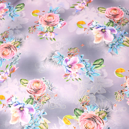 3 Metre Luxury Gold Foil Floral Sateen ‘Fantasia’ - 55" Wide Dusky Lilac