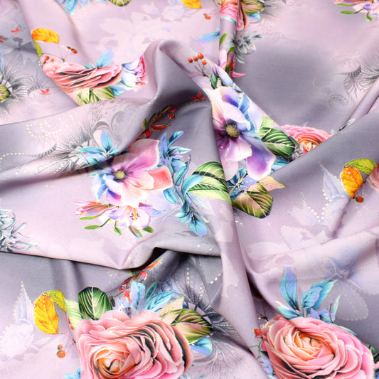 3 Metre Luxury Gold Foil Floral Sateen ‘Fantasia’ - 55" Wide Dusky Lilac