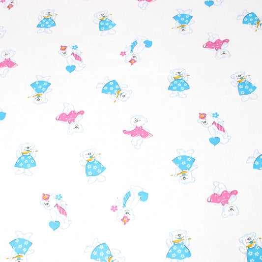 5 Metres Premium 100% Quality Cotton 36"- Blue/Pink Bear - White
