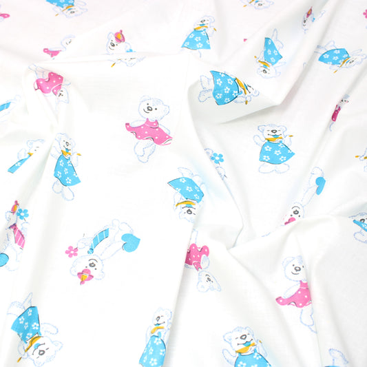 5 Metres Premium 100% Quality Cotton 36"- Blue/Pink Bear - White