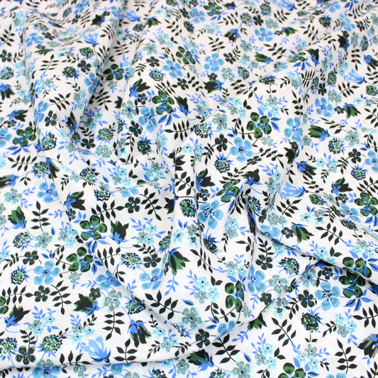 3 Metre 100% Floral Cotton Poplin - 57" Wide Blue & White