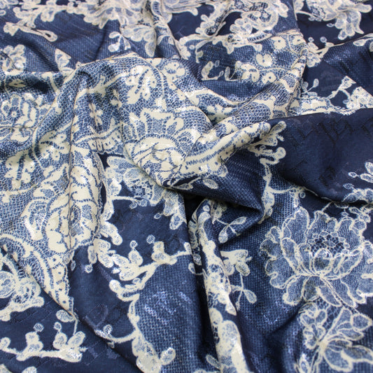 3 Metre Luxury Soft Moonlight Floral Terry Effect Jersey- 55” Wide Denim Blue