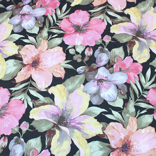 3 Metres Soft Floral Lilly Heavy Stretch Jersey  - 55" Black & Pink