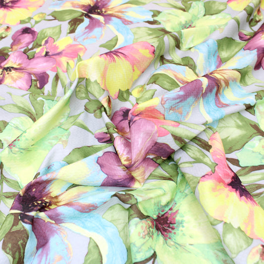 3 Metres Dressmaking Floral Lilly Cloque Jersey - 55" Wide Blue & Pink