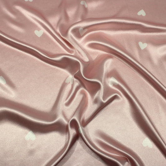 10 Metres Printed Silky Satin- 55" Wide (Mauve Hearts)