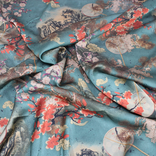 3 Metres Floral Bubble Dress-Satin - 55" Wide Teal & Red