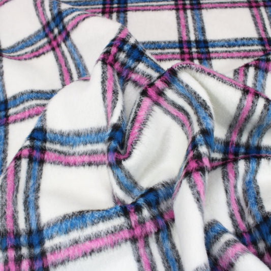 3 Metres Chequered Wool Rich Faux Furr 55" Wide Ivory & Blue