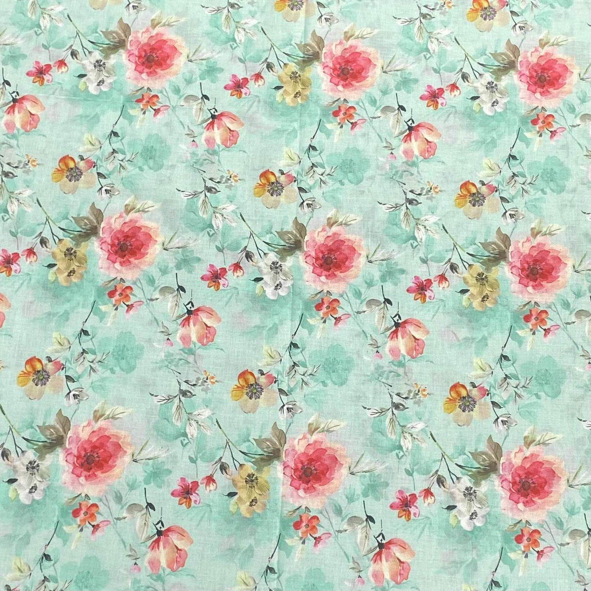 3 Metres, Luxury Dressmaking 100% Digital Printed Cotton Lawn- 55" (Mint)