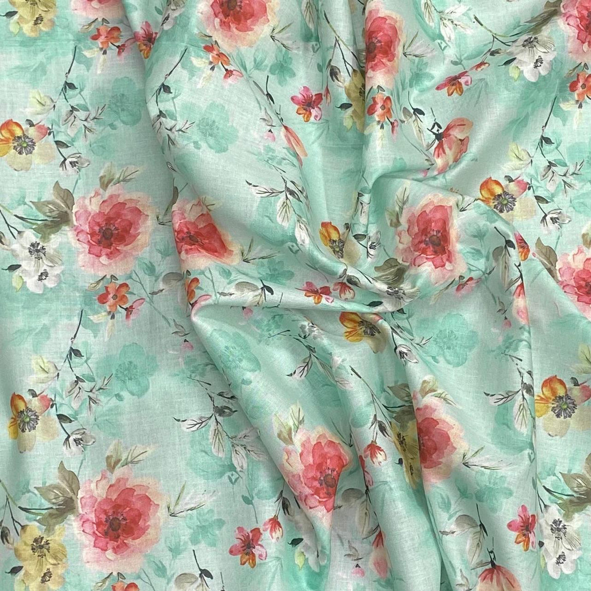 3 Metres, Luxury Dressmaking 100% Digital Printed Cotton Lawn- 55" (Mint)