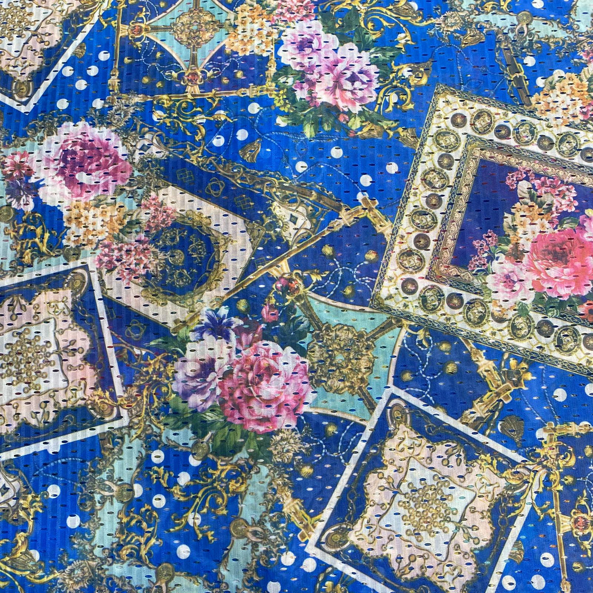 10 Metres Beautiful Printed Cut Out Crepe 55" Wide (Blue Design)