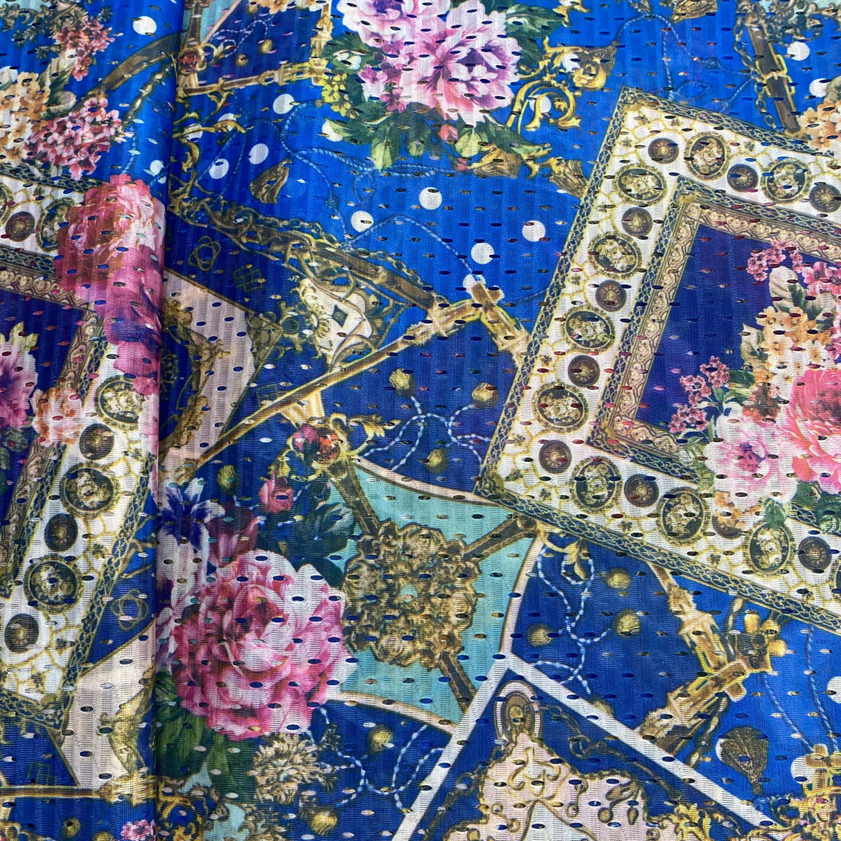10 Metres Beautiful Printed Cut Out Crepe 55" Wide (Blue Design)