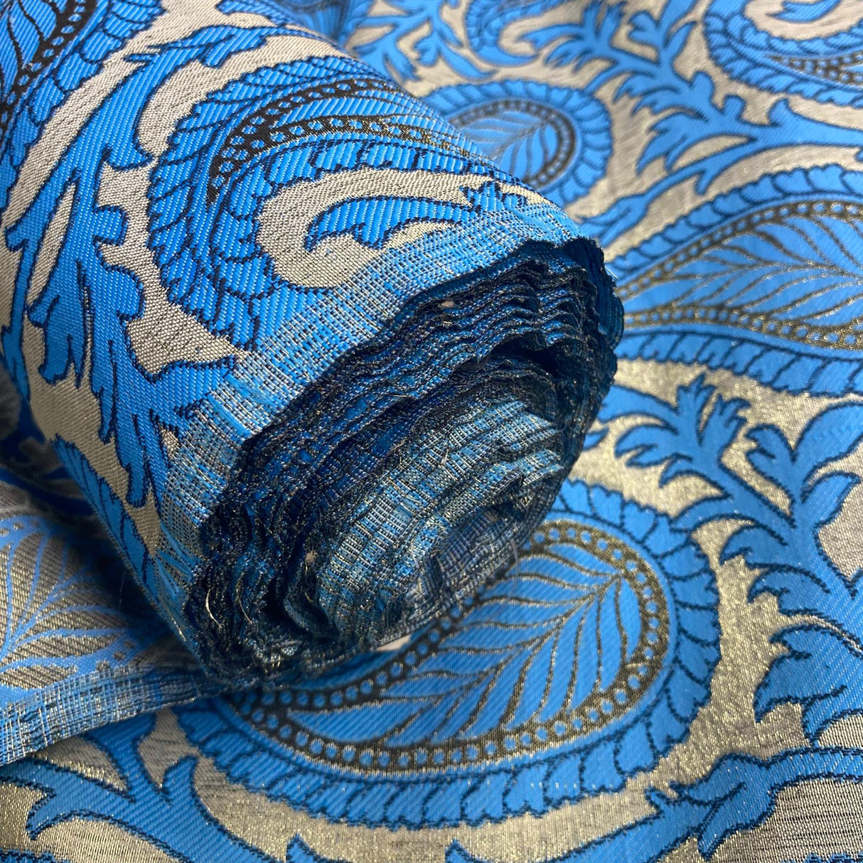 Per Metre Luxury Paisley Brocade- 55” Wide (Blue & Gold)