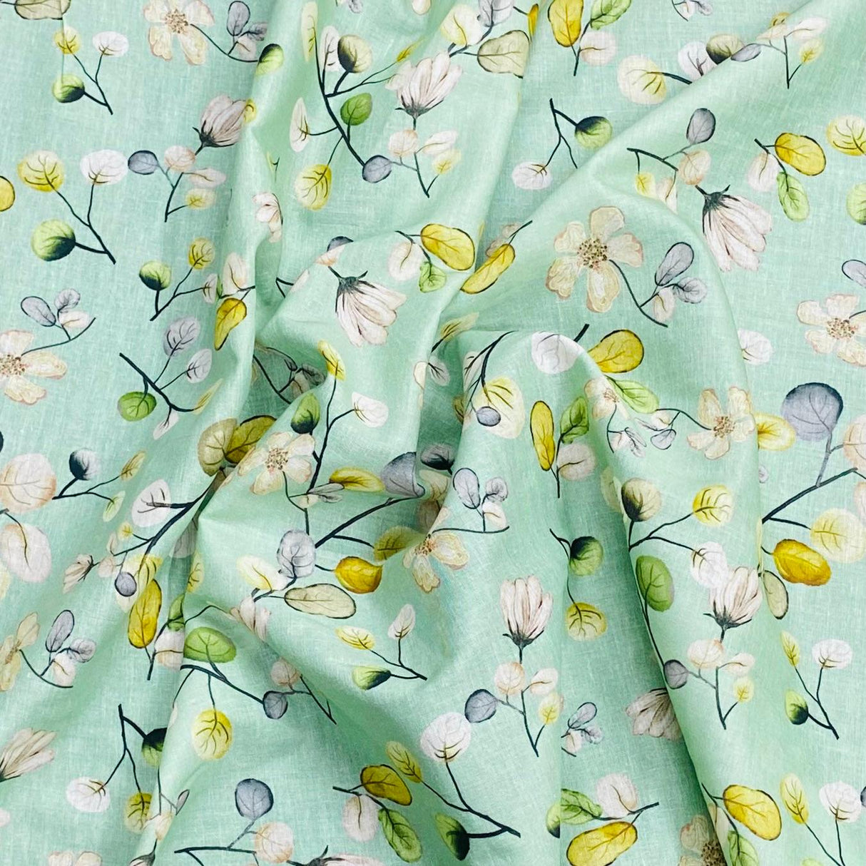 3 Metres, Luxury Dressmaking 100% Digital Printed Cotton Lawn- 55" (Mint)