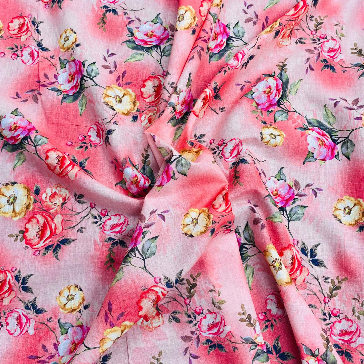 3 Metres, Luxury Dressmaking 100% Digital Printed Cotton Lawn- 55" (Pink)