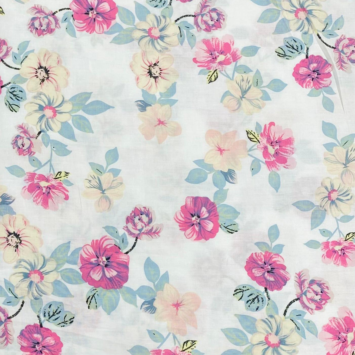 3 Metres, Luxury Dressmaking 100% Digital Printed Cotton Lawn- 55" (White Flowers)