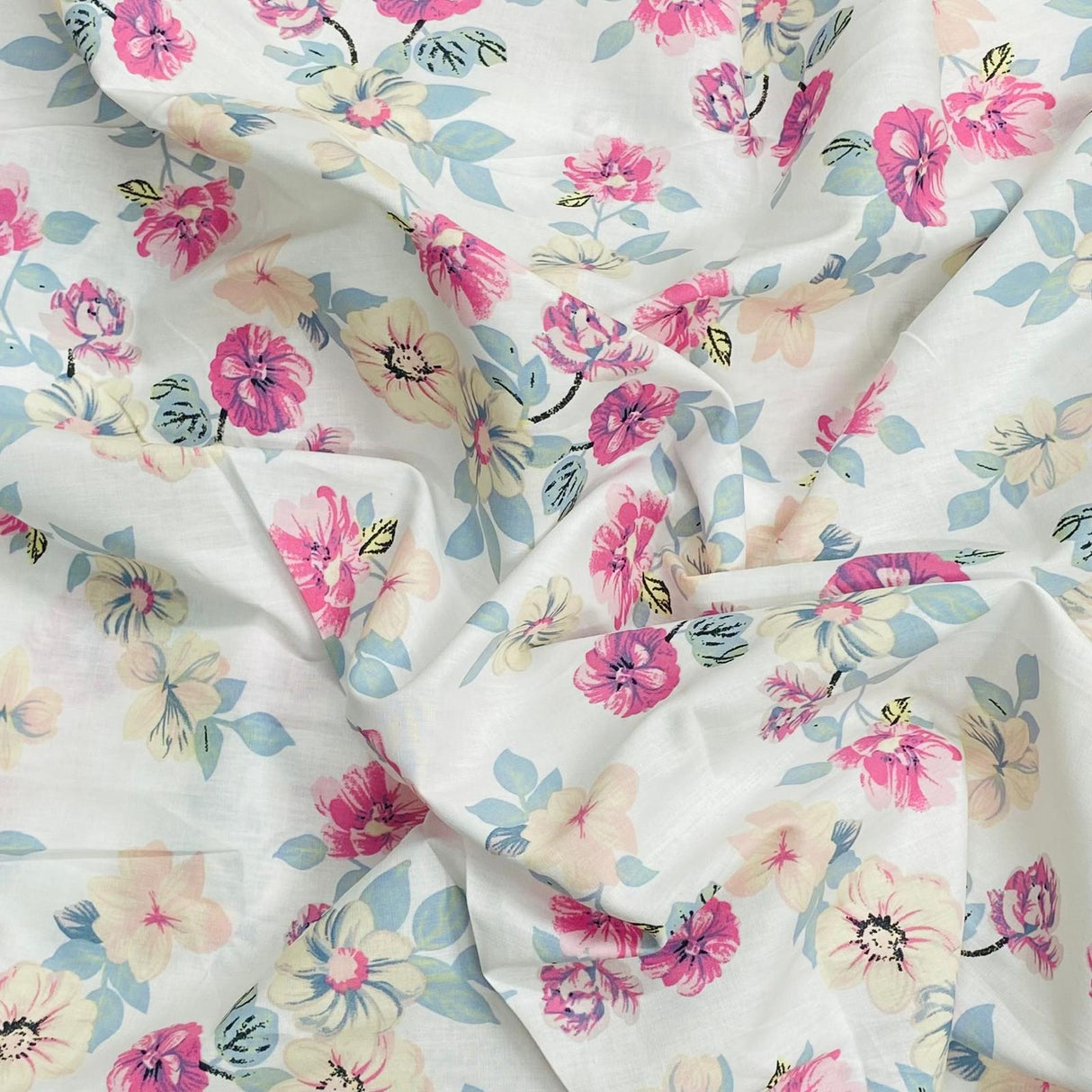 3 Metres, Luxury Dressmaking 100% Digital Printed Cotton Lawn- 55" (White Flowers)