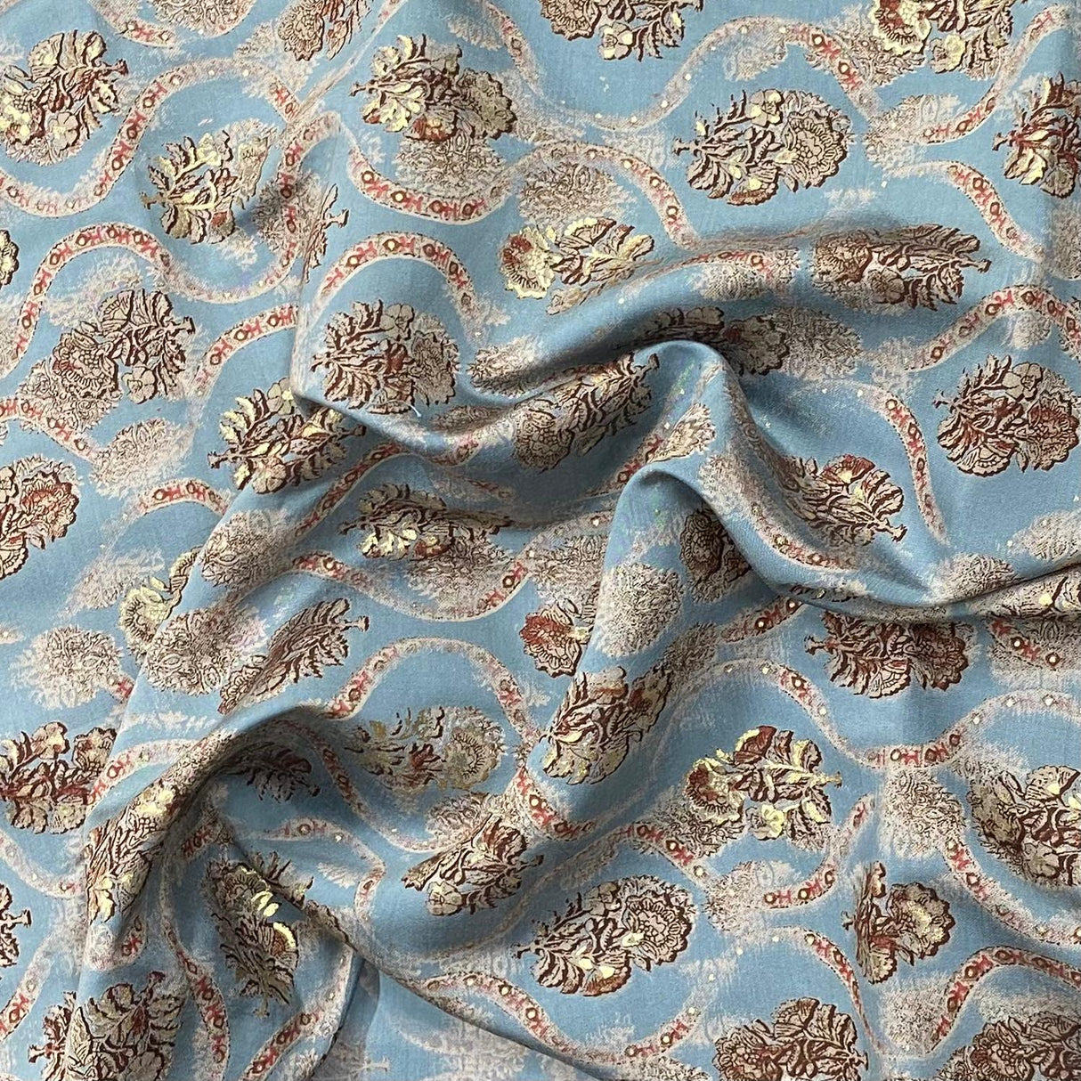 3 Metres Gold Foil Polyester Silk Fabric- 45" Wide (Blue)