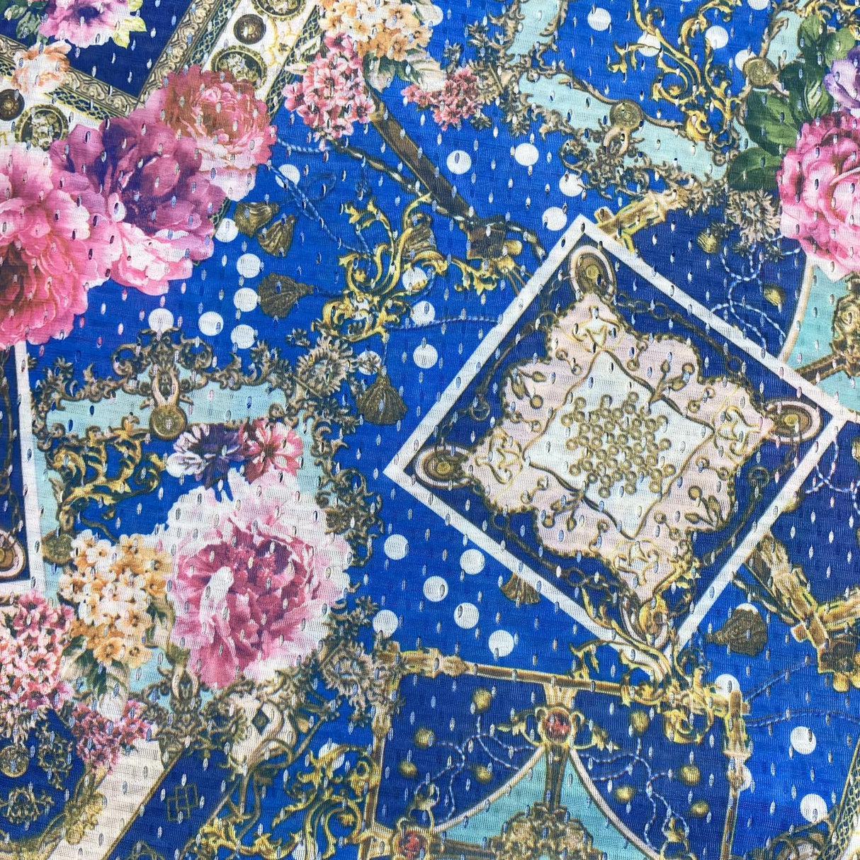 10 Metres Beautiful Printed Cut Out Crepe 55" Wide (Blue Design)