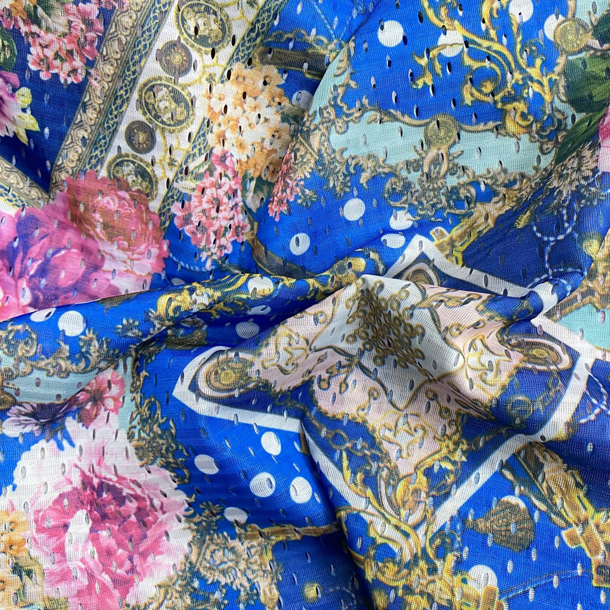 10 Metres Beautiful Printed Cut Out Crepe 55" Wide (Blue Design)