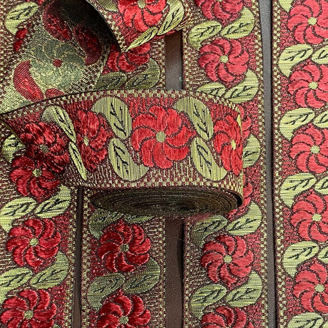 Per Metre, Metallic Trimming, 25mm Wide (Maroon Flower)