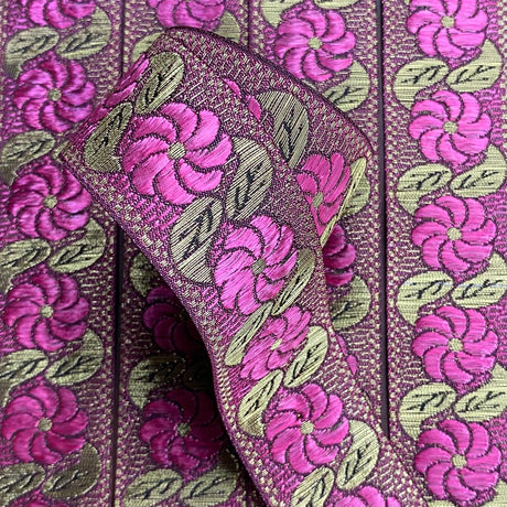 Per Metre, Metallic Trimming, 25mm Wide (Cerise Floral)