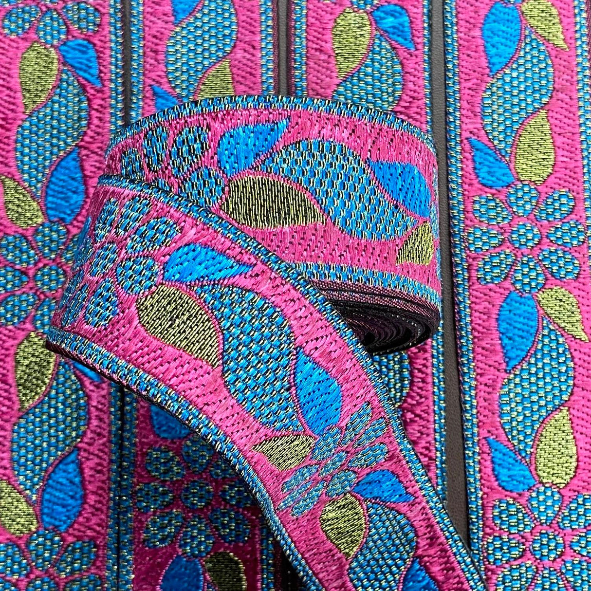 Per Metre, Metallic Trimming, 25mm Wide (Cerise & Blue)
