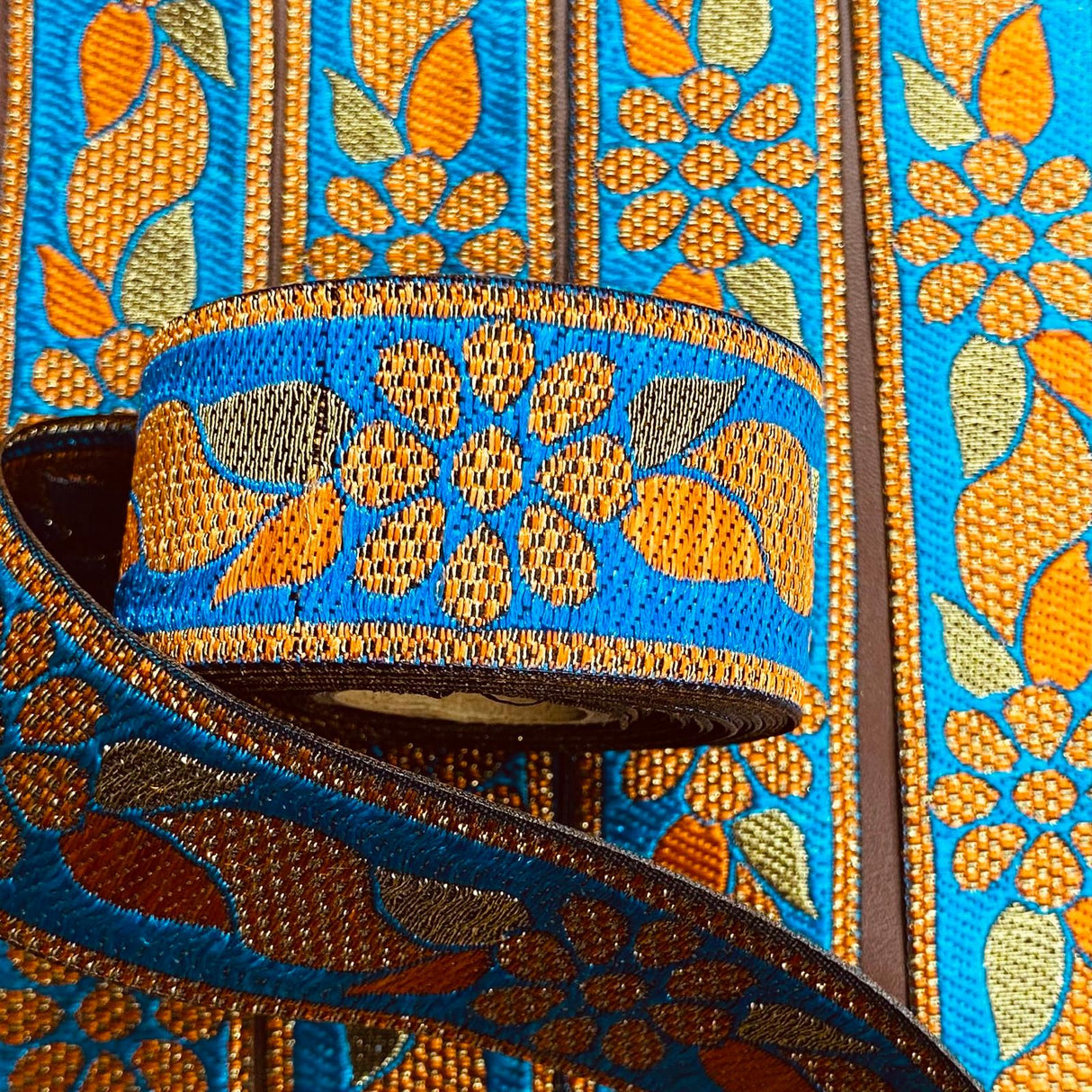 Per Metre, Metallic Trimming, 25mm Wide (Blue & Orange)