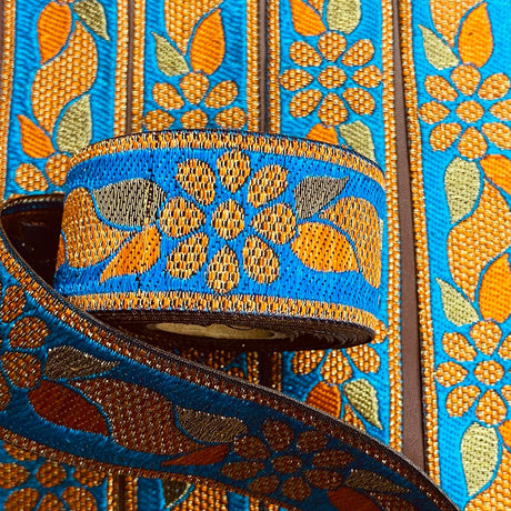 Per Metre, Metallic Trimming, 25mm Wide (Blue & Orange)