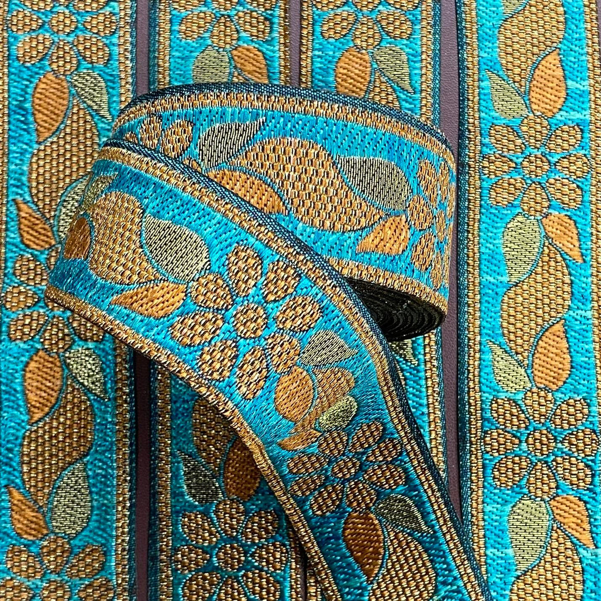 Per Metre, Metallic Trimming, 25mm Wide (Teal & Orange)