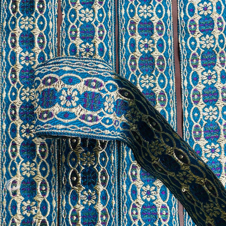 Per Metre, Metallic Trimming, 45mm Wide (Teal & Light Gold)