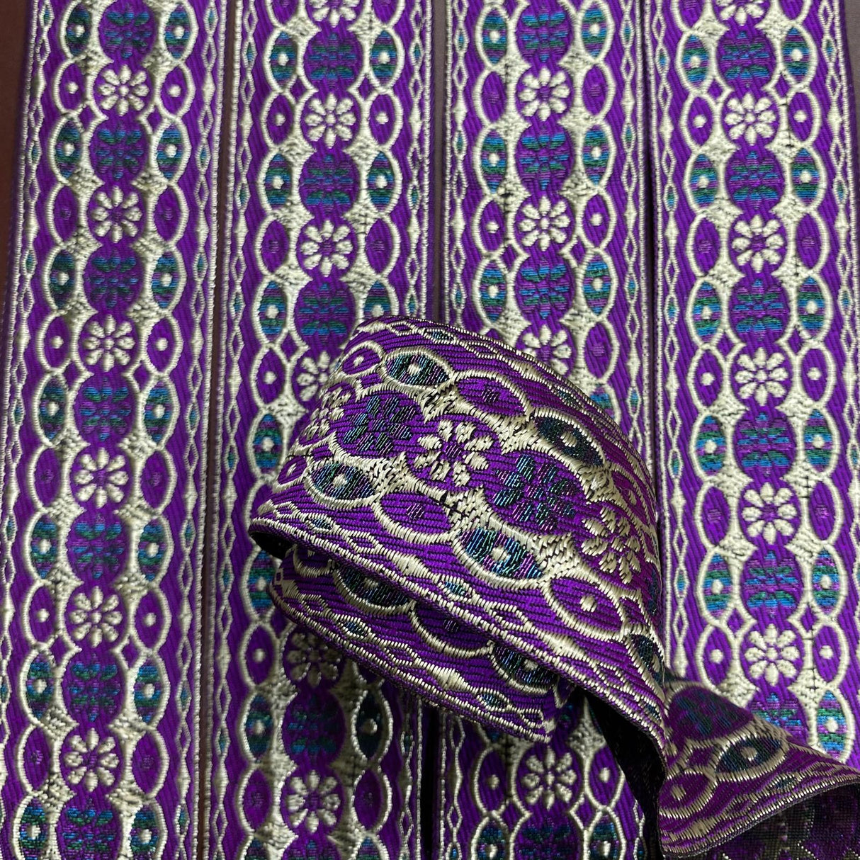 Per Metre, Metallic Trimming, 45mm Wide (Purple & Light Gold)