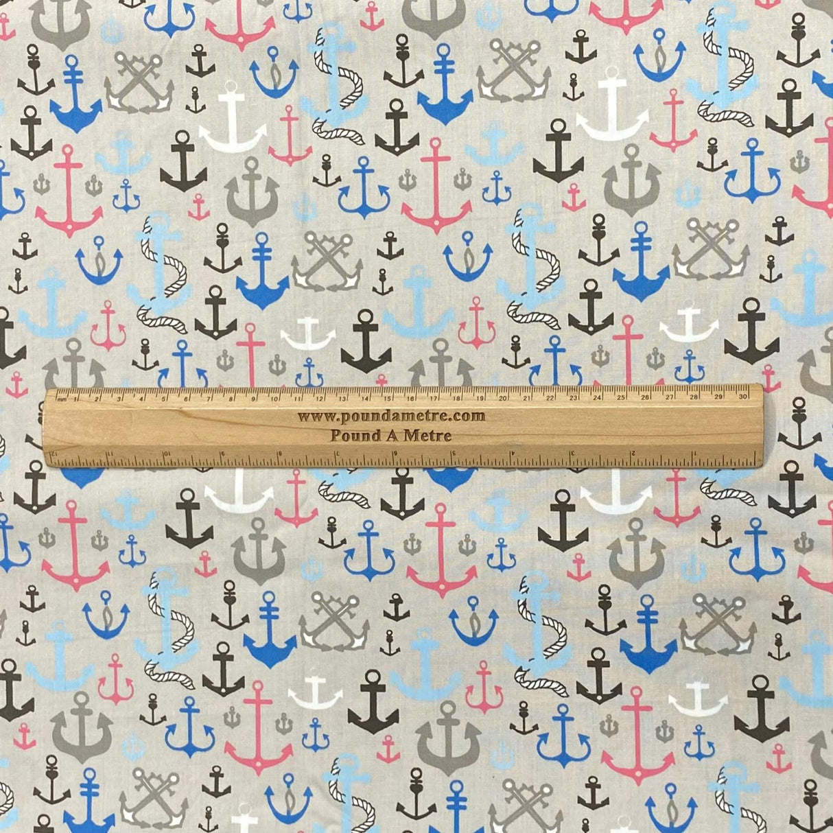 3 Metre Soft Printed Organic Cotton- 45" Wide (Anchors Grey)