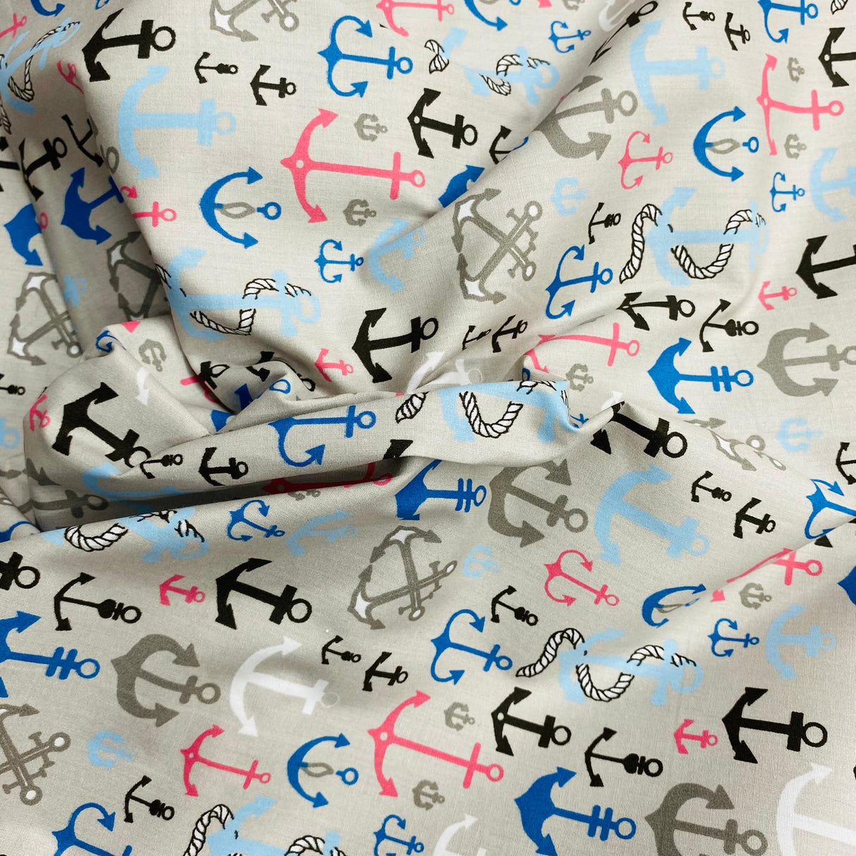 3 Metre Soft Printed Organic Cotton- 45" Wide (Anchors Grey)
