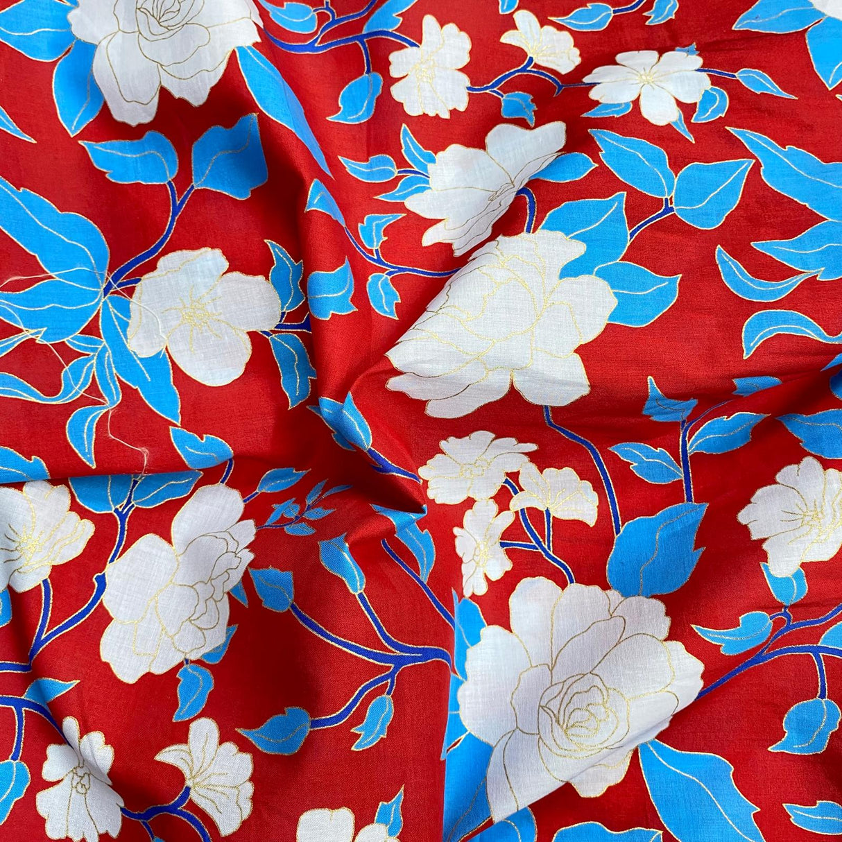 Per Metre Luxury Dressmaking 100% Digital Printed Cotton Lawn- 55" (Red)