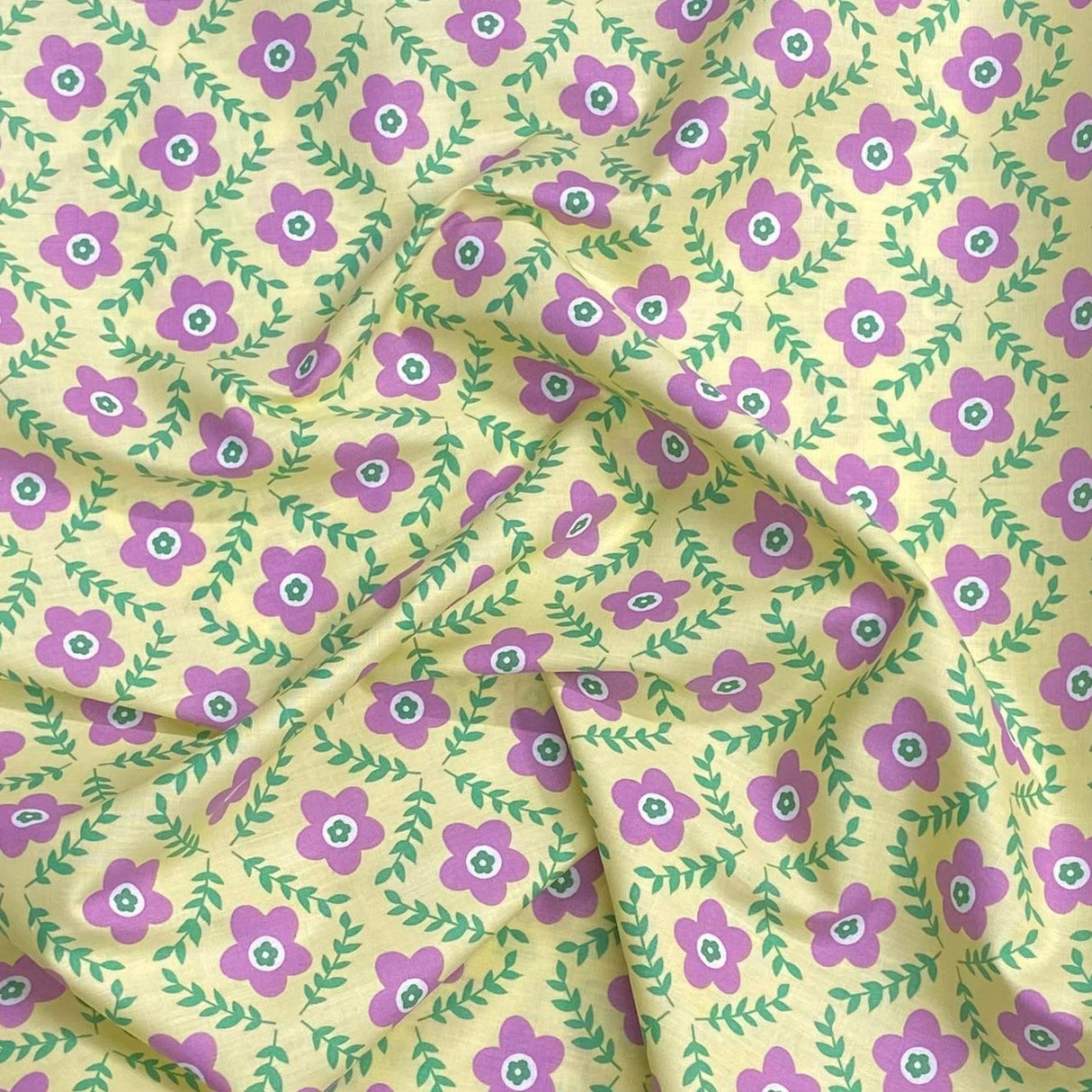 Per Metre Luxury Dressmaking 100% Digital Printed Cotton Lawn- 55" (Yellow Floral)