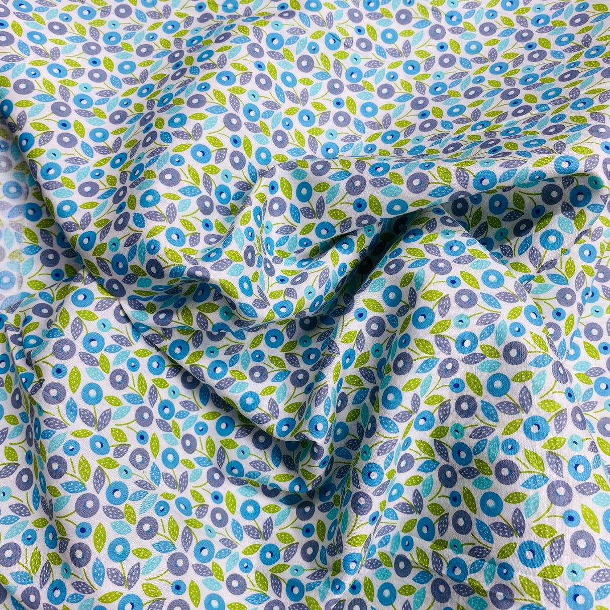 Per Metre Luxury Dressmaking 100% Digital Printed Cotton Lawn- 55" (Blues)