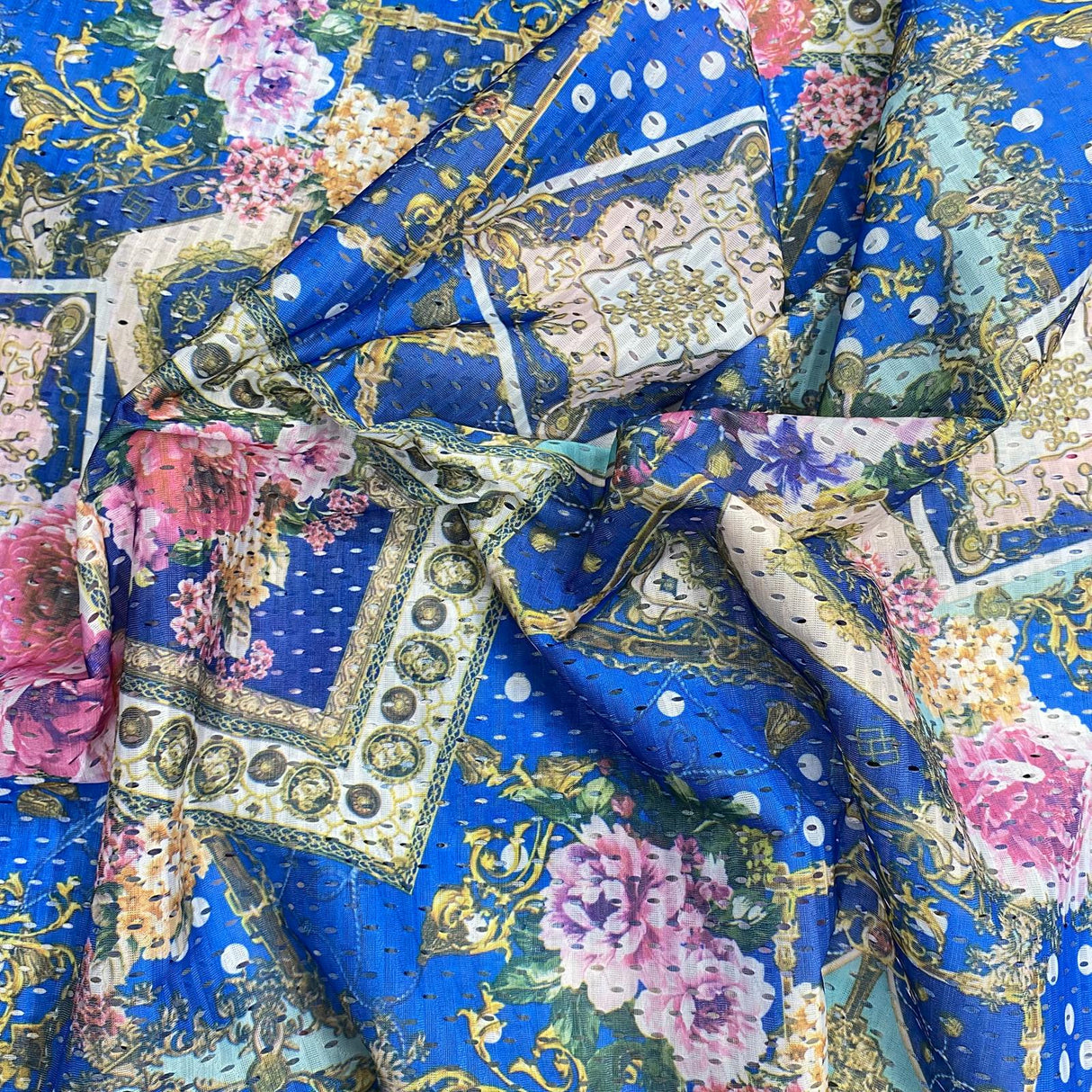 3 Metres Beautiful Printed Cut Out Crepe 55" Wide (Blue Design)