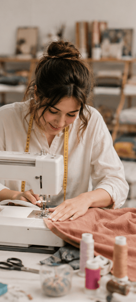 Beginner sewist using a sewing machine with fabric in a home sewing studio