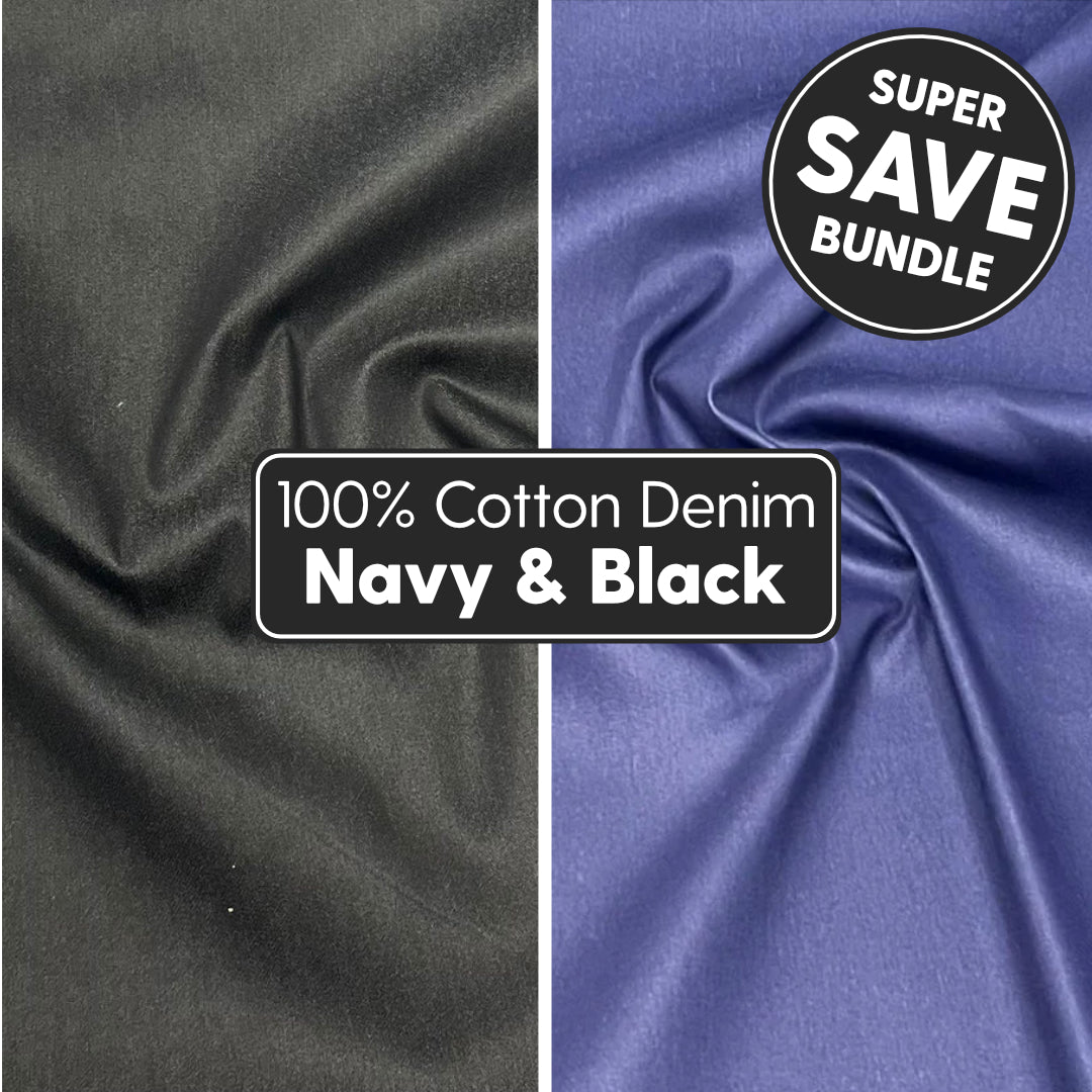 6 Metre Bundle 100% Cotton Denim Fabric- 55" (Black & Navy)