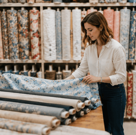 Dressmaker selecting fabric from a wide range of fabrics in a fabric shop